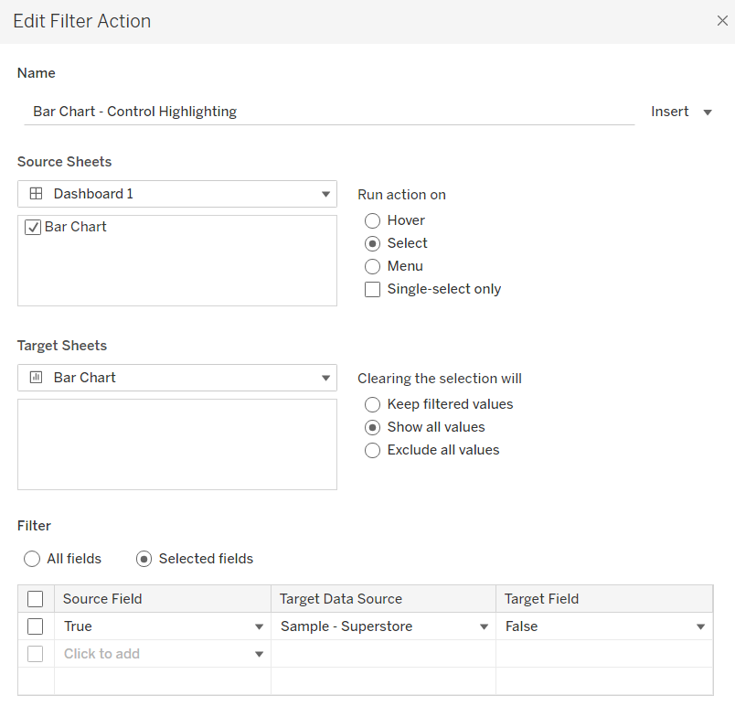 the Filter Action dialog box in Tableau which is set to filter selected fields as True = False