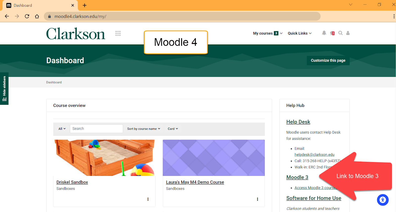 Screen capture of Moodle 4 Dashboard. Link to Moodle 3 indicated with a red arrow in the Help Hub block on the right. 