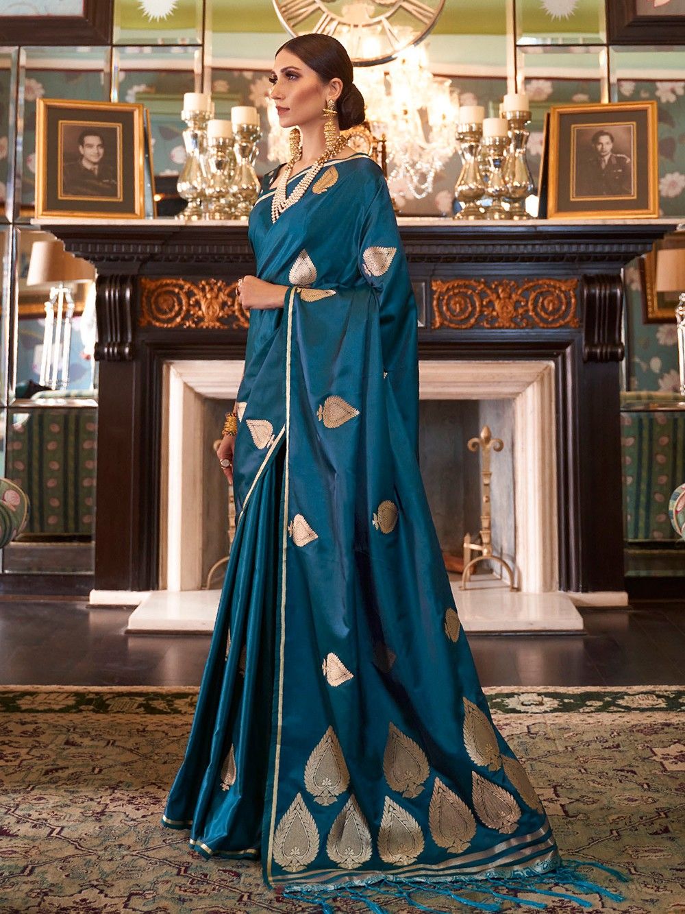 the loom - Teal Blue Zari Woven Silk Blend Banarasi Saree
