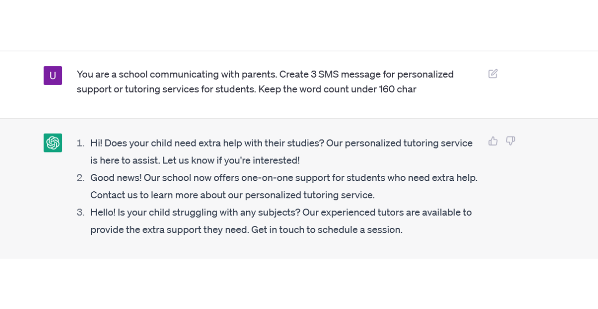 chatgpt prompt and response to offer personalized services like tutoring