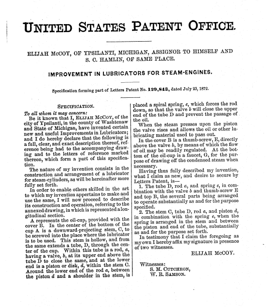 Image of a patent document for Elijah McCoy for Improvement in Lubricators for Steam-Engines