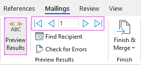 Previewing mail merge results Previewing mail merge results