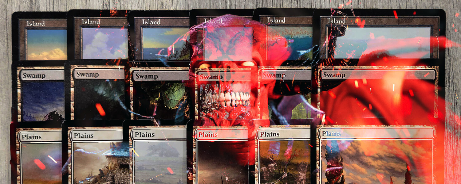 Magic the Gathering lands overlaid by an image of a devil