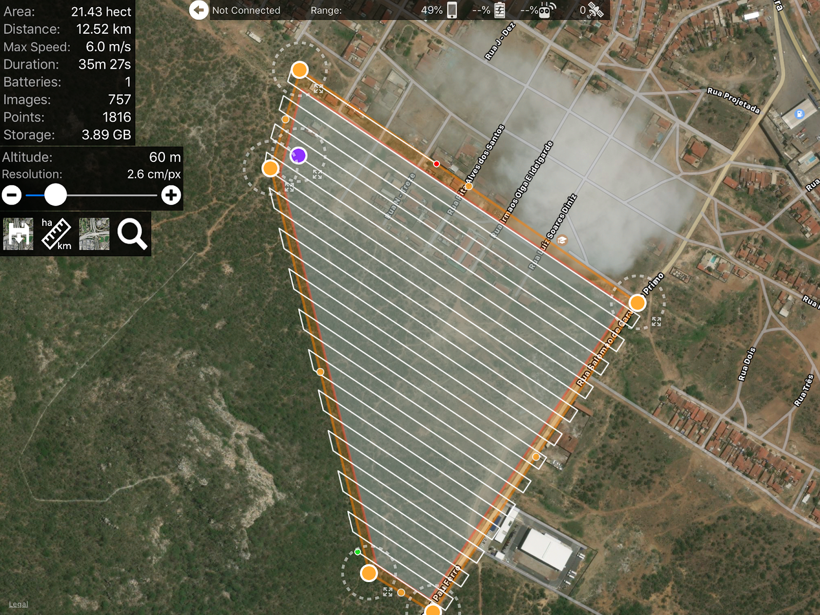 Imagem da tela do app MapPilot com uma área de levantamento demarcada