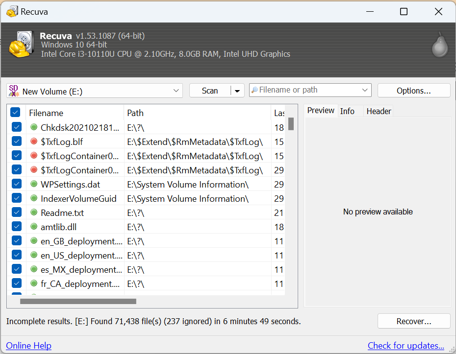 recovered data from SD card