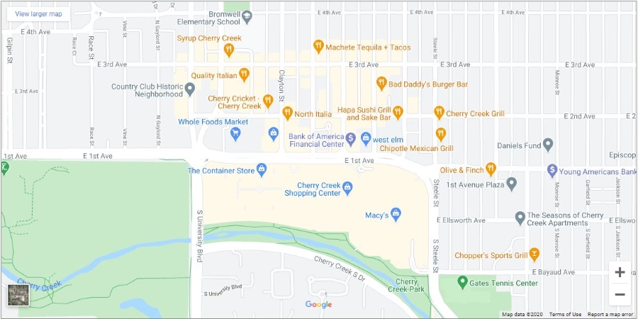 map of Cherry Creek, a Denver neighborhood