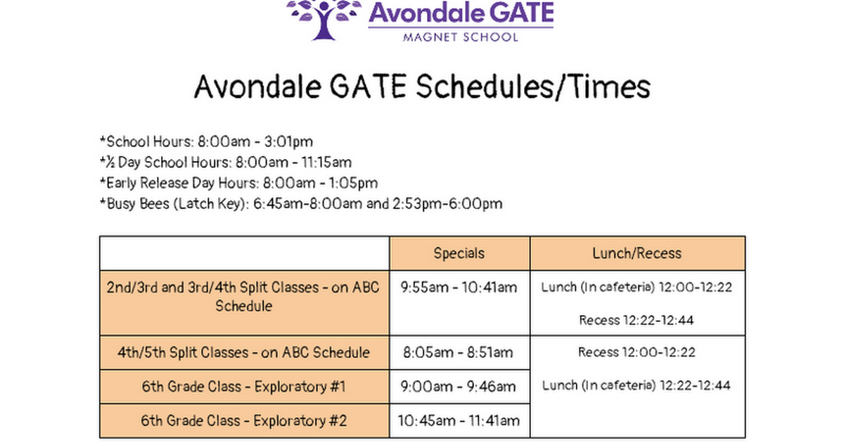 Avondale GATE Schedules/Times