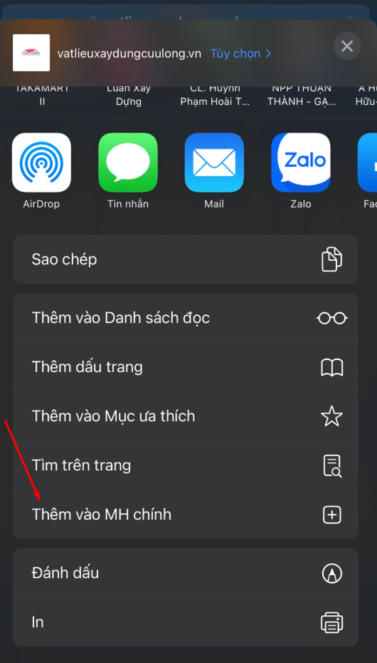 Chọn vào thêm vào MH chính để lưu trang website ra ngoài màn hình