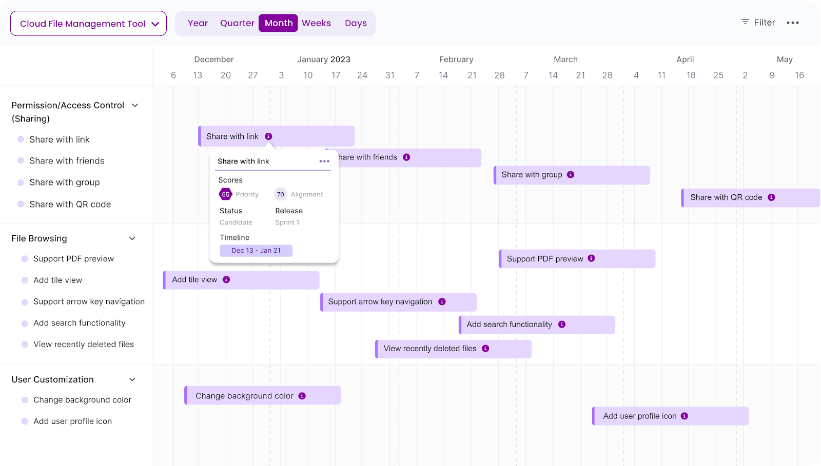 The Timeline view in Chisel helps you to visualize your roadmap and get a birds eye view of your product lifecycle. 