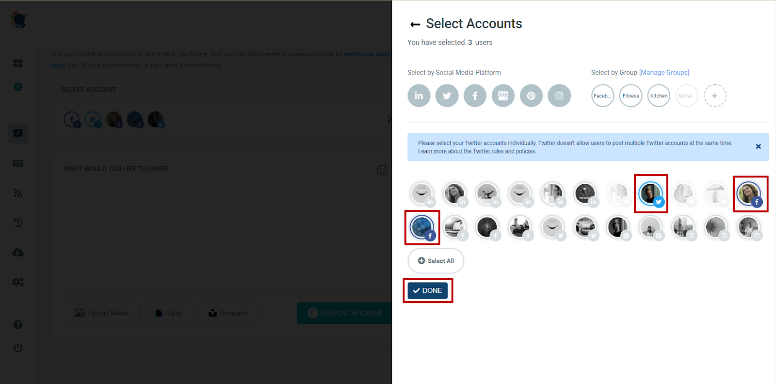 Select your Twitter and Facebook accounts