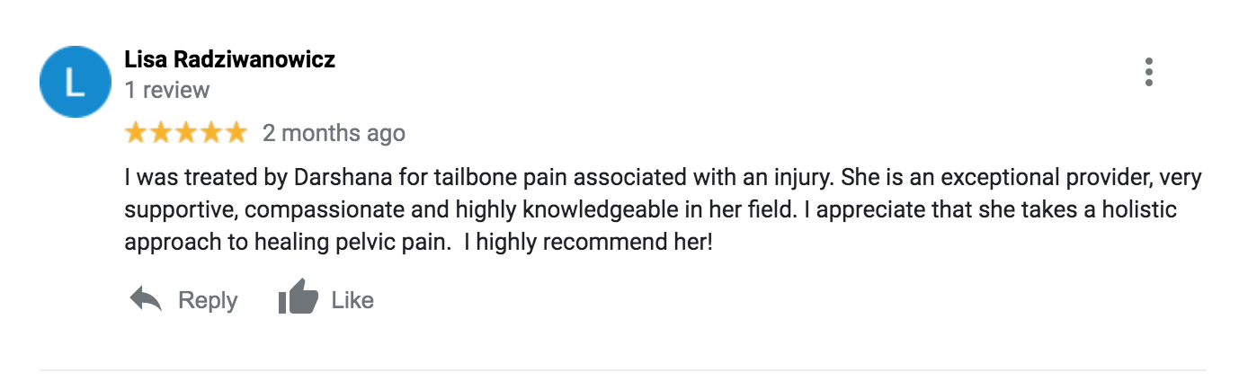 A patient review about successful PT outcome for her tailbone pain