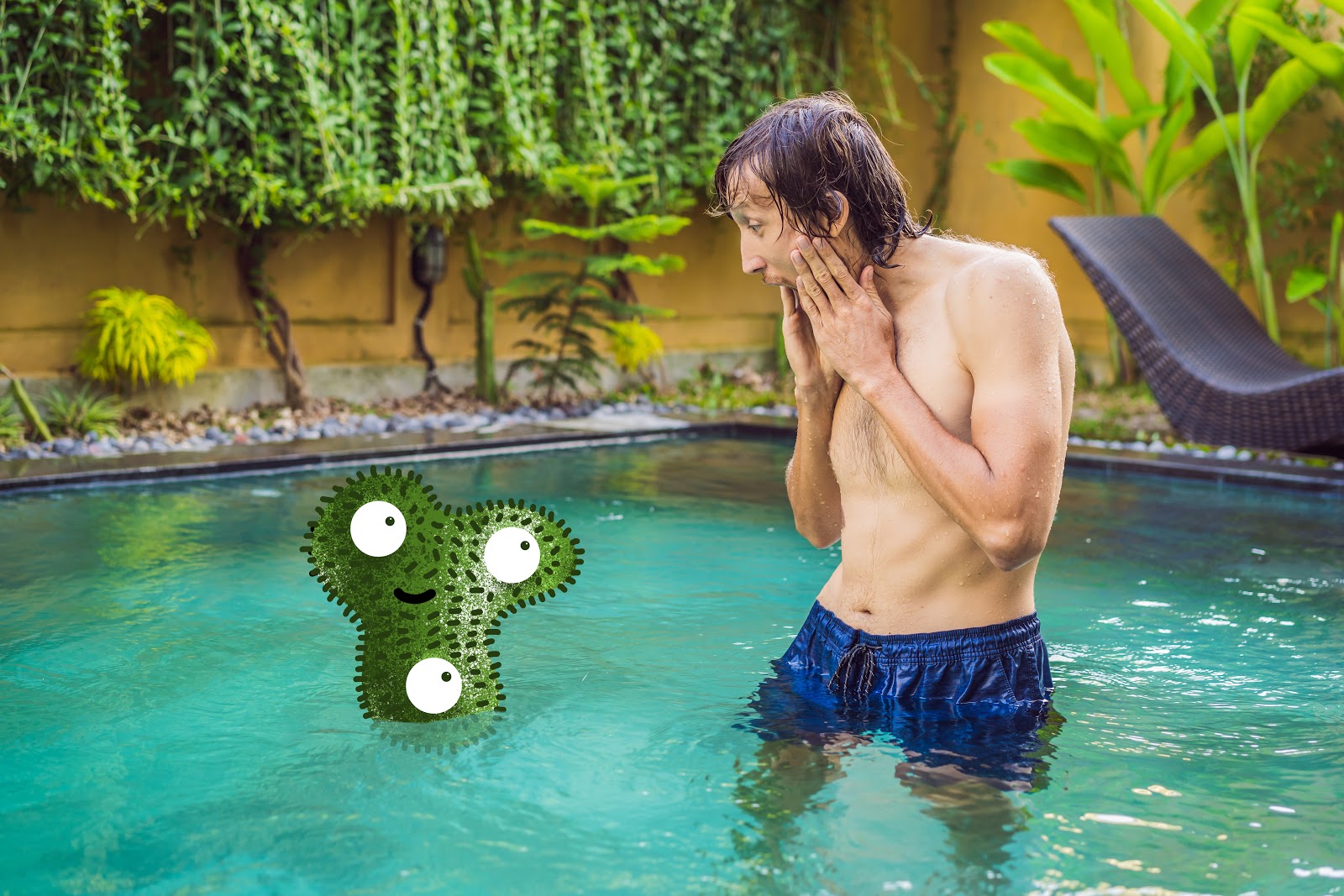 a man standing in a pool looking shocked next to an animated green bacteria