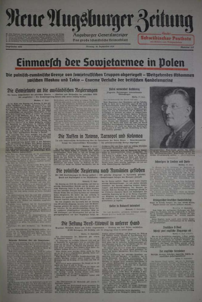 Neue Augsburger Zeitung от 18 сентября 1939 года
