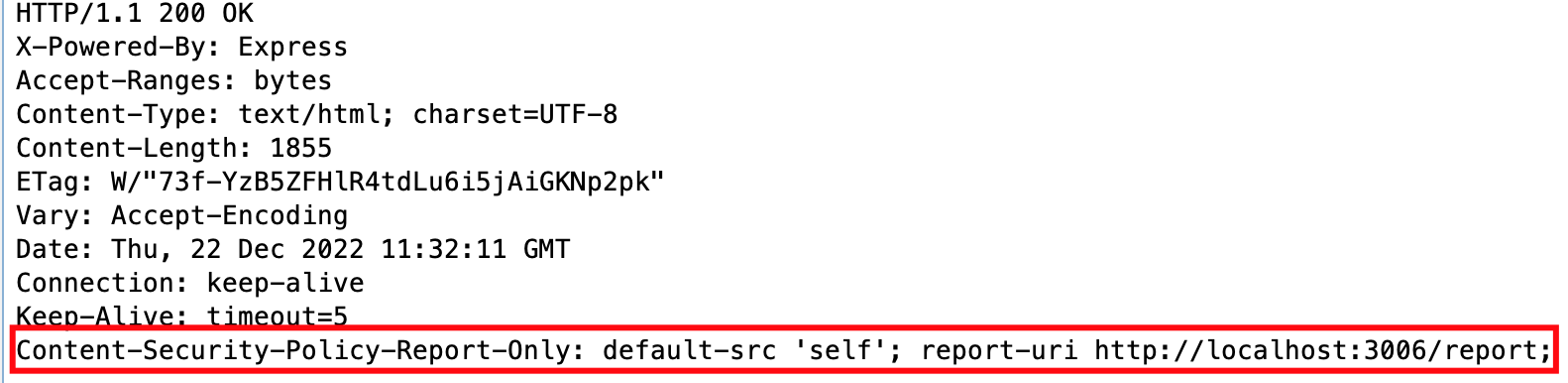 A captured response in ZAP, showing the Content-Security-Policy-Report-Only header has been set in accordance to the Replacer rule.