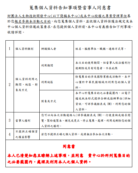 「財團法人生物技術開發中心（以下簡稱本中心）或本中心授權之專案管理單位基於您報名參與本活動之目的，向您蒐集個人資料，並依個人資料保護法規定及本中心個人資料保護政策要求，在您提供個人資料前，本中心有義務告知下列事項，敬請詳閱。」