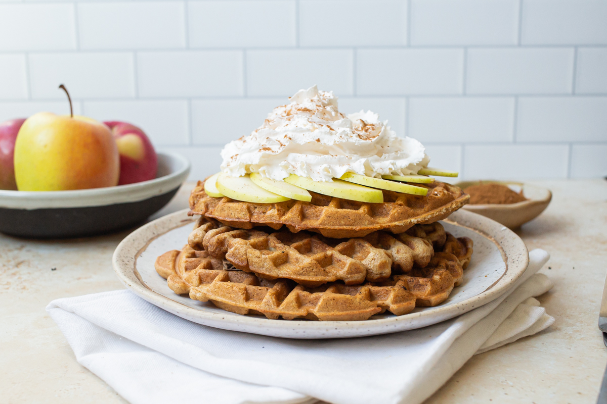 a stack of apple cinnamon muffin mix waffles