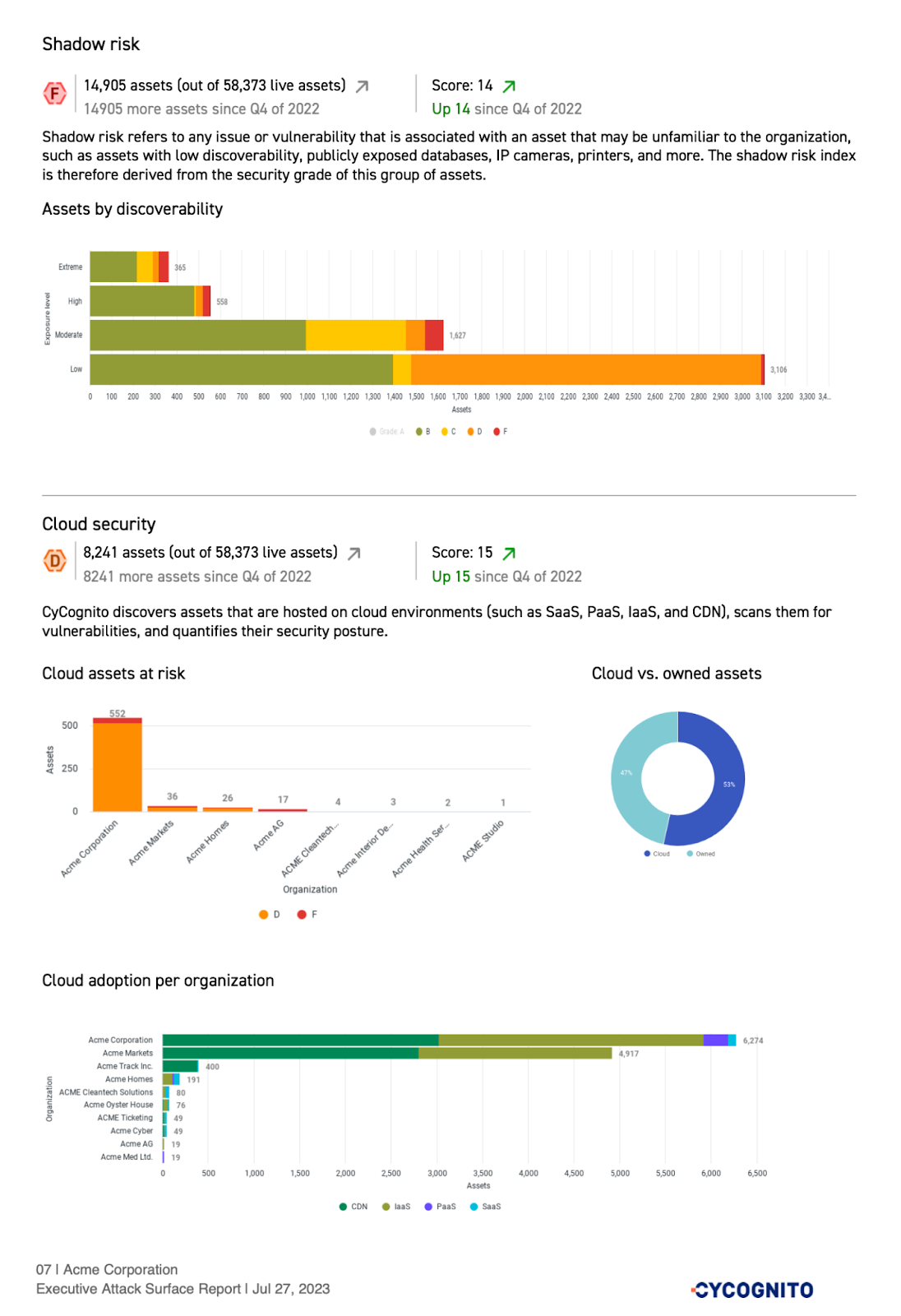 A sample report generated by the CyCognito platform, demonstrating metrics related to shadow risk and cloud assets