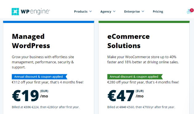 WP Engine WooCommerce hosting in euros
