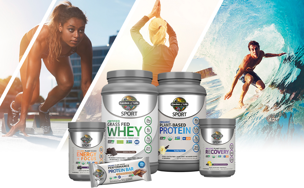 garden of life sport line, organic, nongmo, certified for sports, whey, plantbased, energy recovery