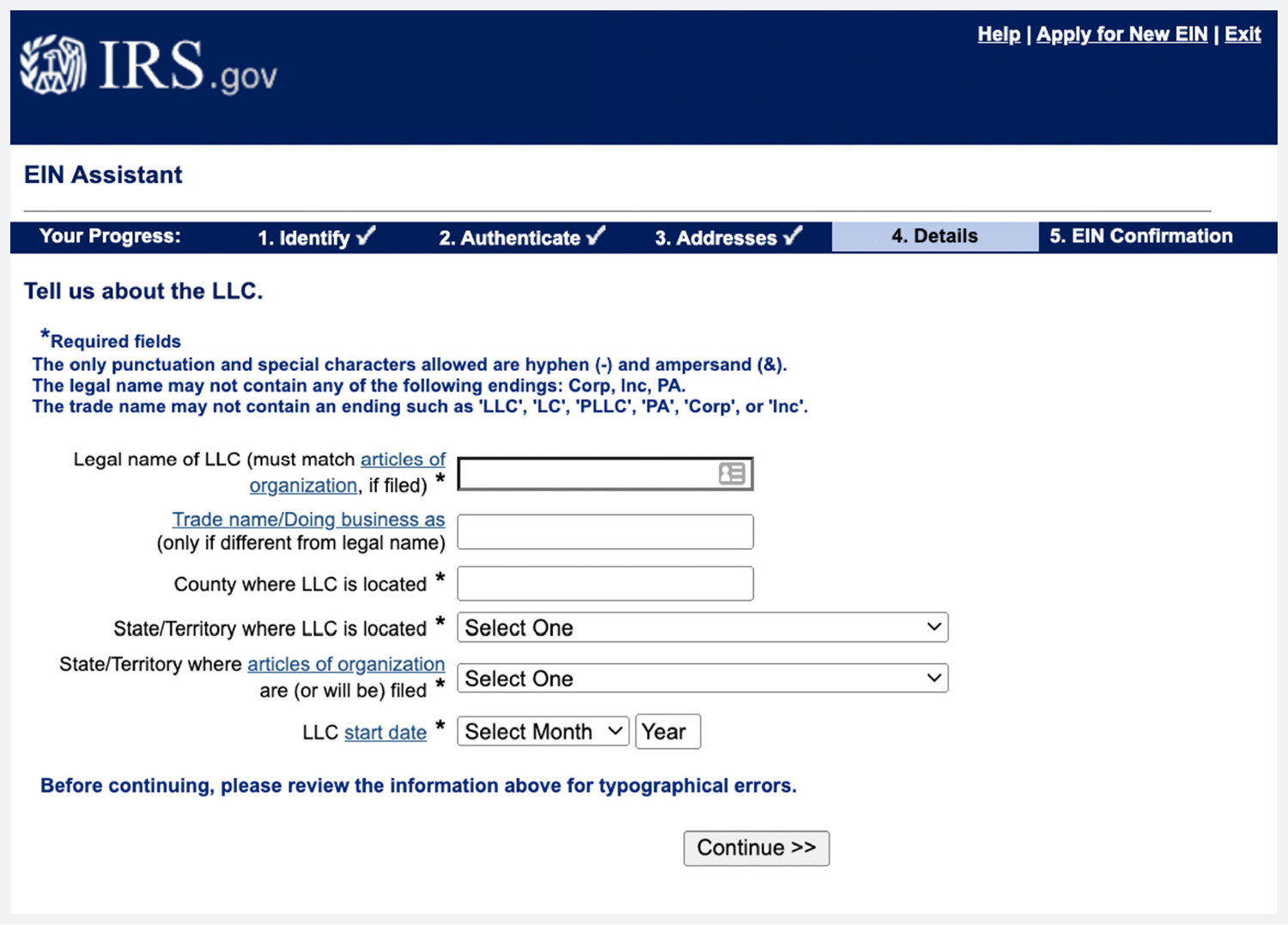 Share details about your LLC to verify that the company itself qualifies for an EIN.