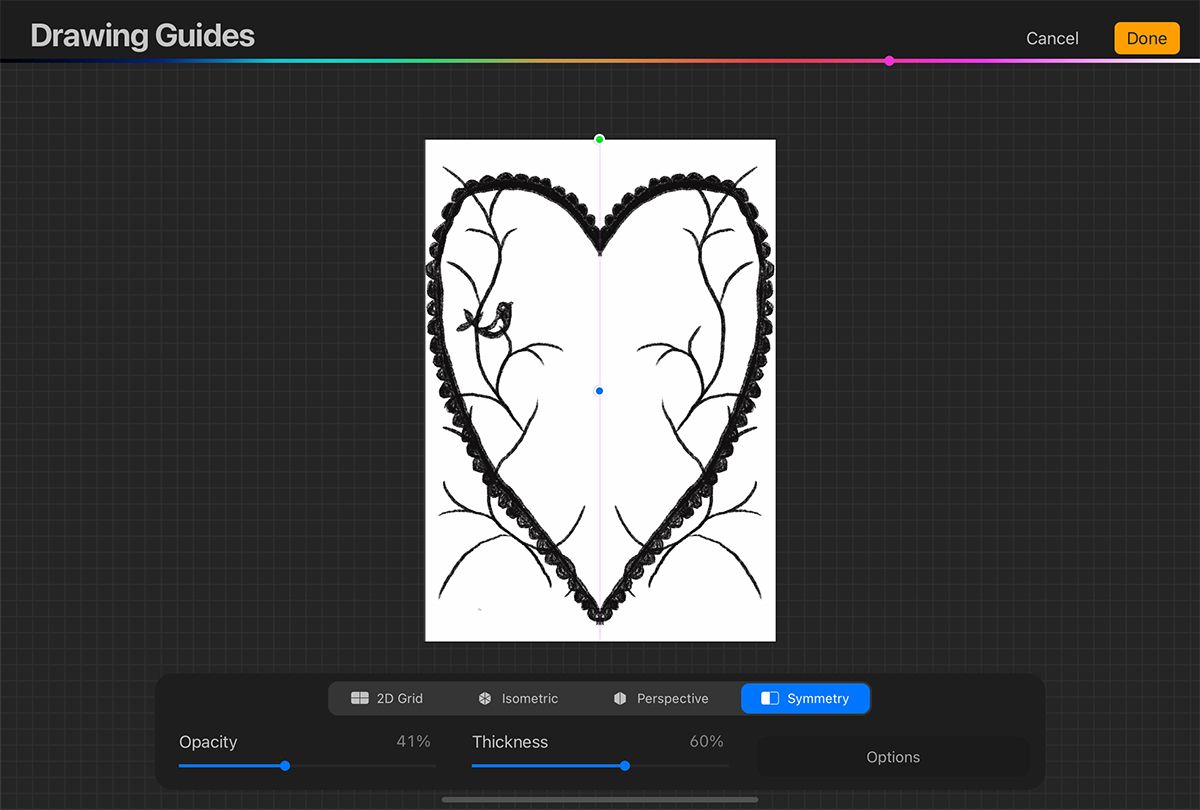 Procreate drawing guides with symmetrical heart and nature drawing on canvas.