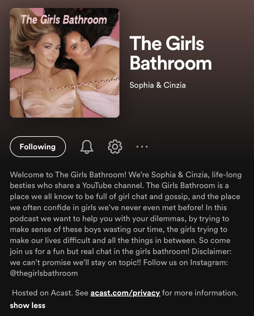 The left corner of the Spotify page shows two women taking a selfie. Below is information about the girls and The Girls Bathroom, which is their podcast.