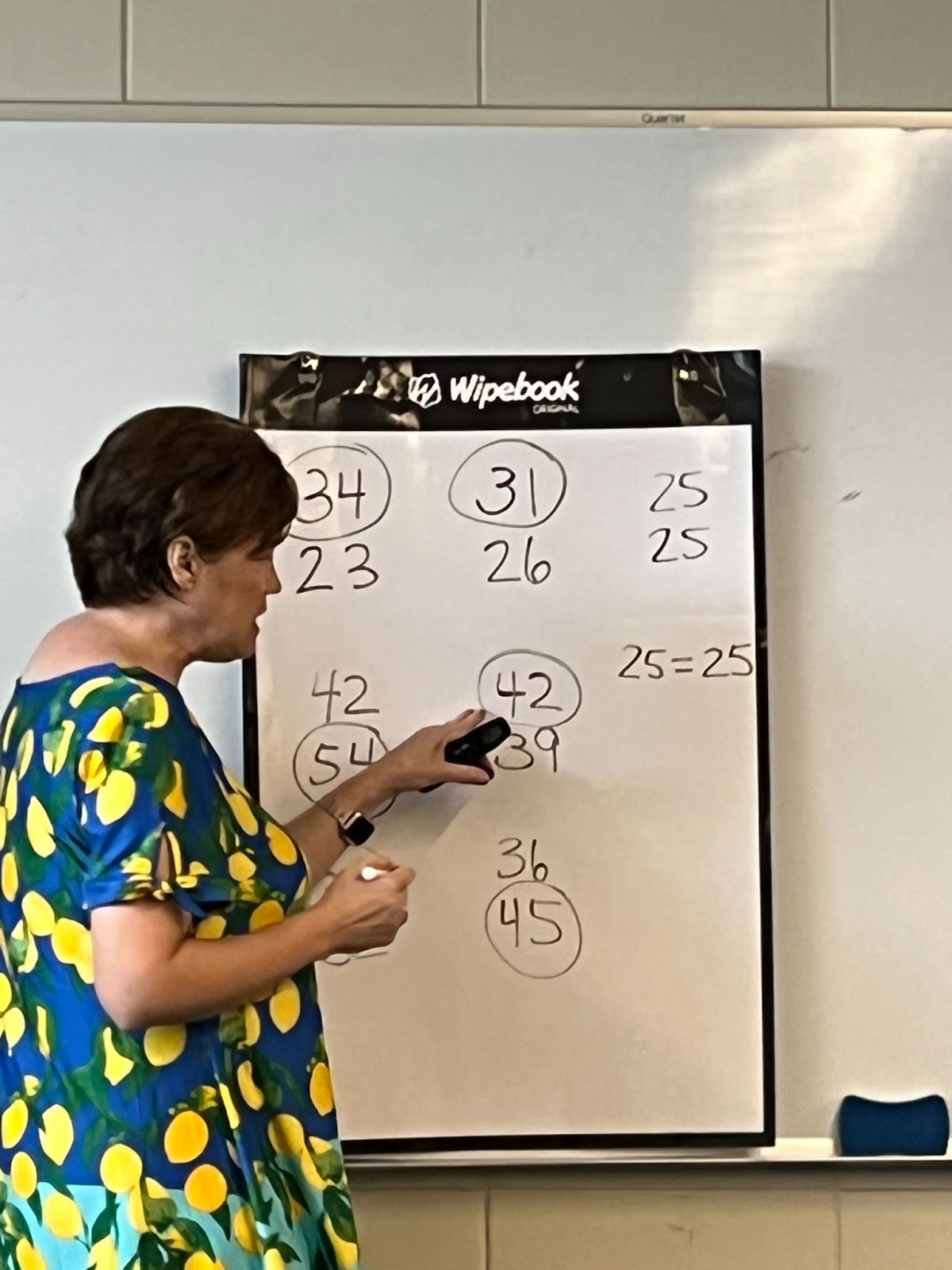 Wipebook is hung on a wall and used to complete mathematical thinking tasks with a black dry erase marker.