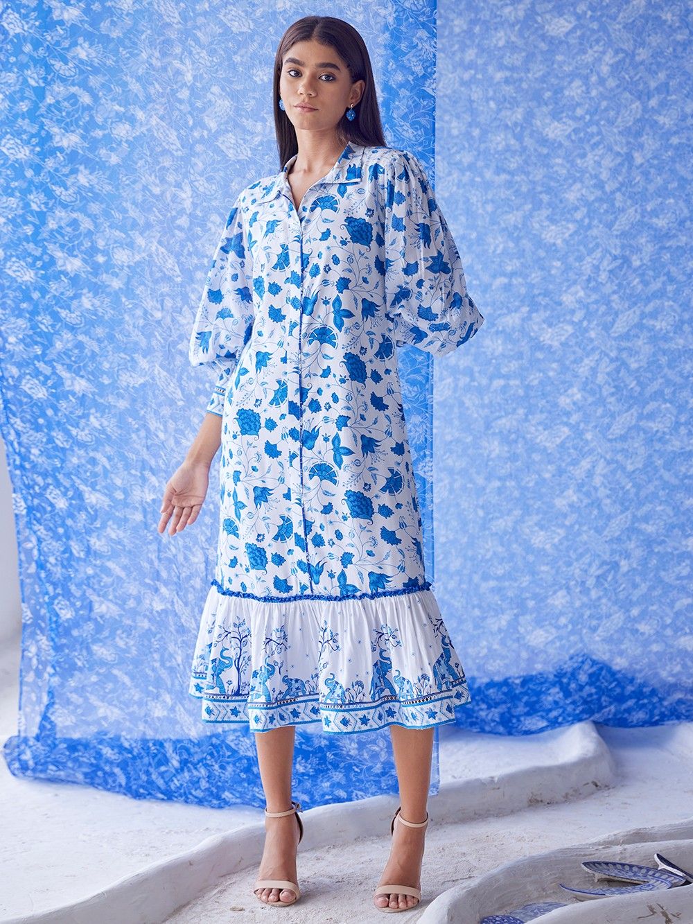 the loom - White Blue Printed Cotton Modal Dress