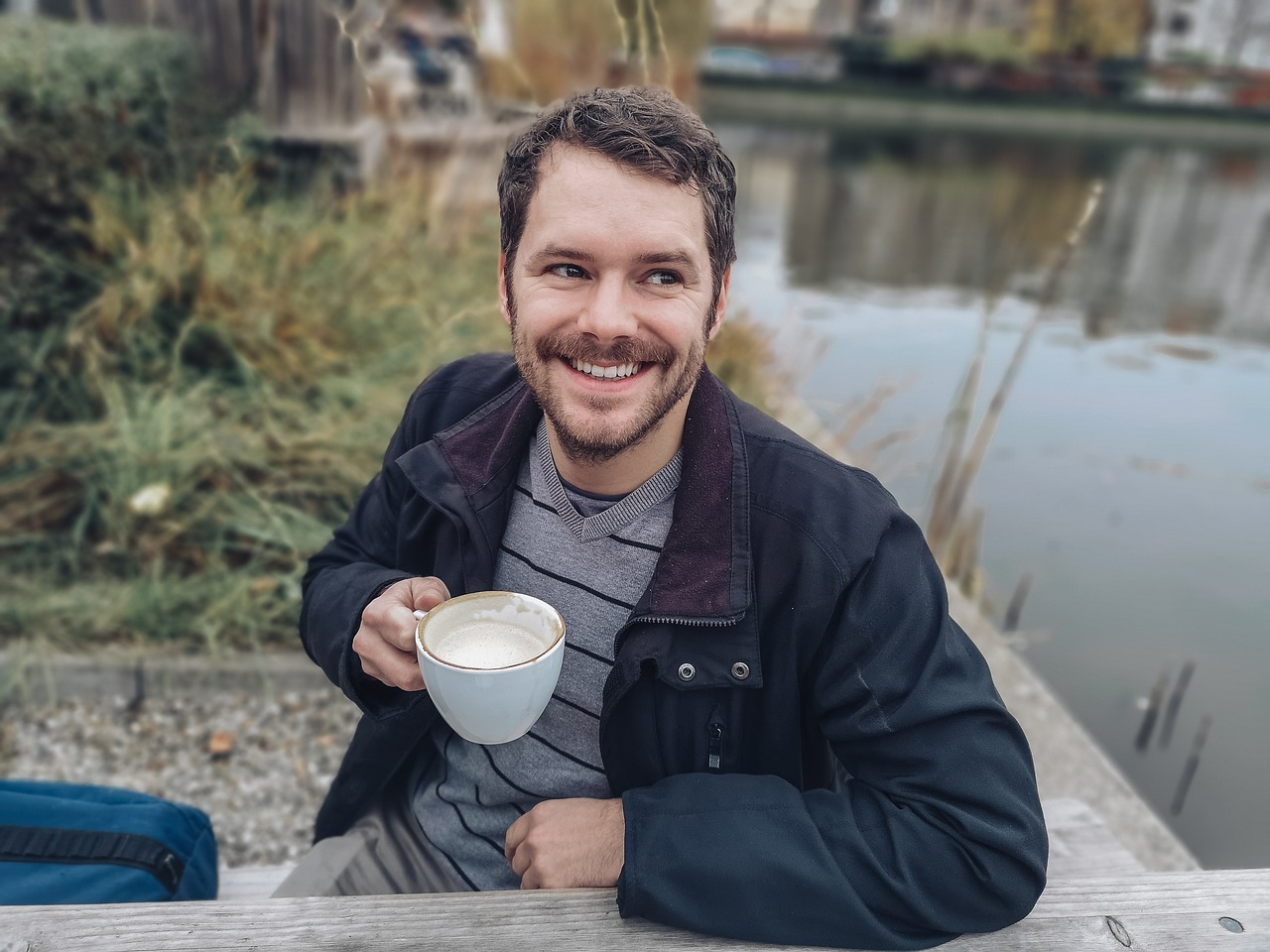 healthy, man with coffee sitting outside, diet, nutrition, exercise, fitness, 