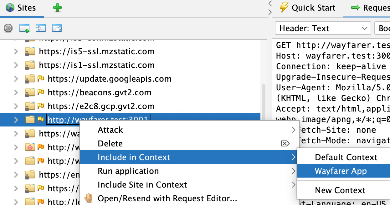 ZAP's sites list with the wayfarer.test:3001 entry highlighted and the context-menu open. The Include in Context submenu is open, with the Wayfarer App option highlighted.