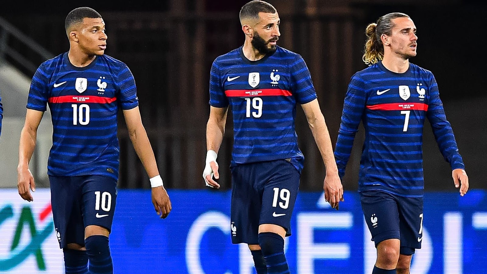 Kylian Mbappe, Karim Benzema, and Antoine Griezmann in France jerseys