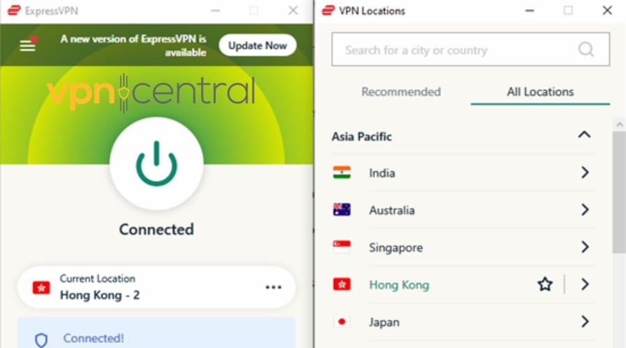 expressvpn connected to hong kong location
