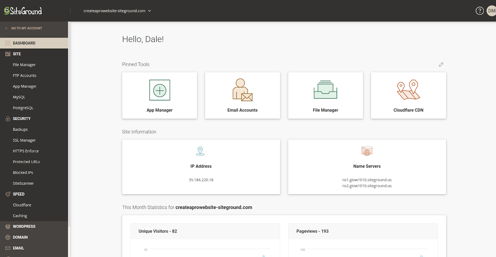 siteground hosting management interface