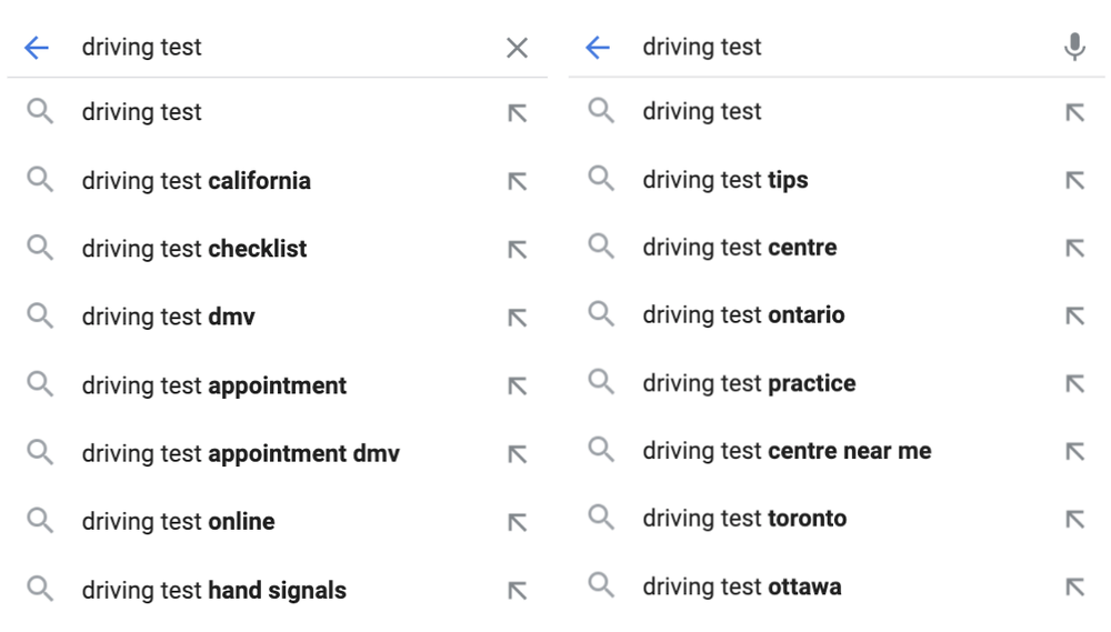 Schermata di motore di ricerca con scritto "driving test..."