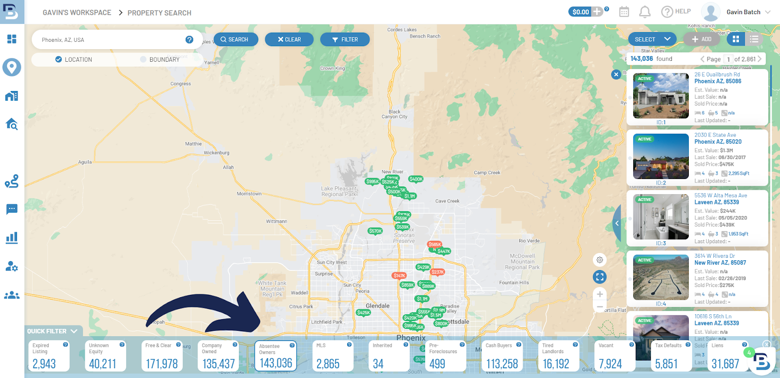 The absentee owner quick filter quickly creates a list of all the absentee-owned properties in your search area.