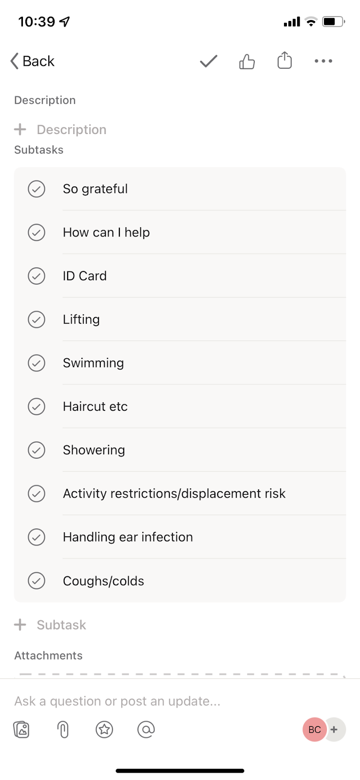 Project management software screenshot with a list of topics including: gratitude, CI ID card, lifting, swimming, haircut, showering, displacement risk, ear infections
