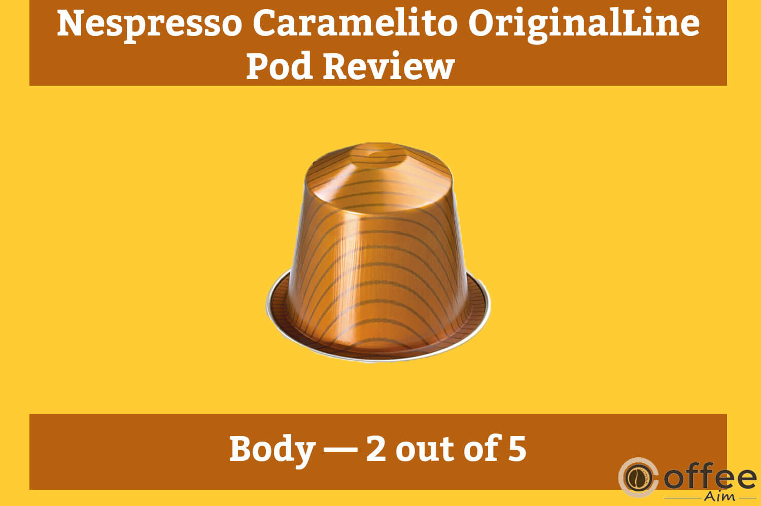 The image depicts the "Nespresso Caramelito OriginalLine Pod" body, central to the review "Nespresso Caramelito OriginalLine Pod Review."