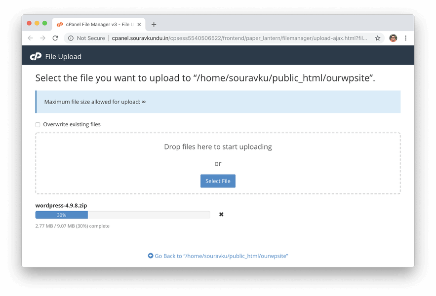 tải lên kho lưu trữ zip wordpress trong máy chủ thông qua trình quản lý tệp cpanel