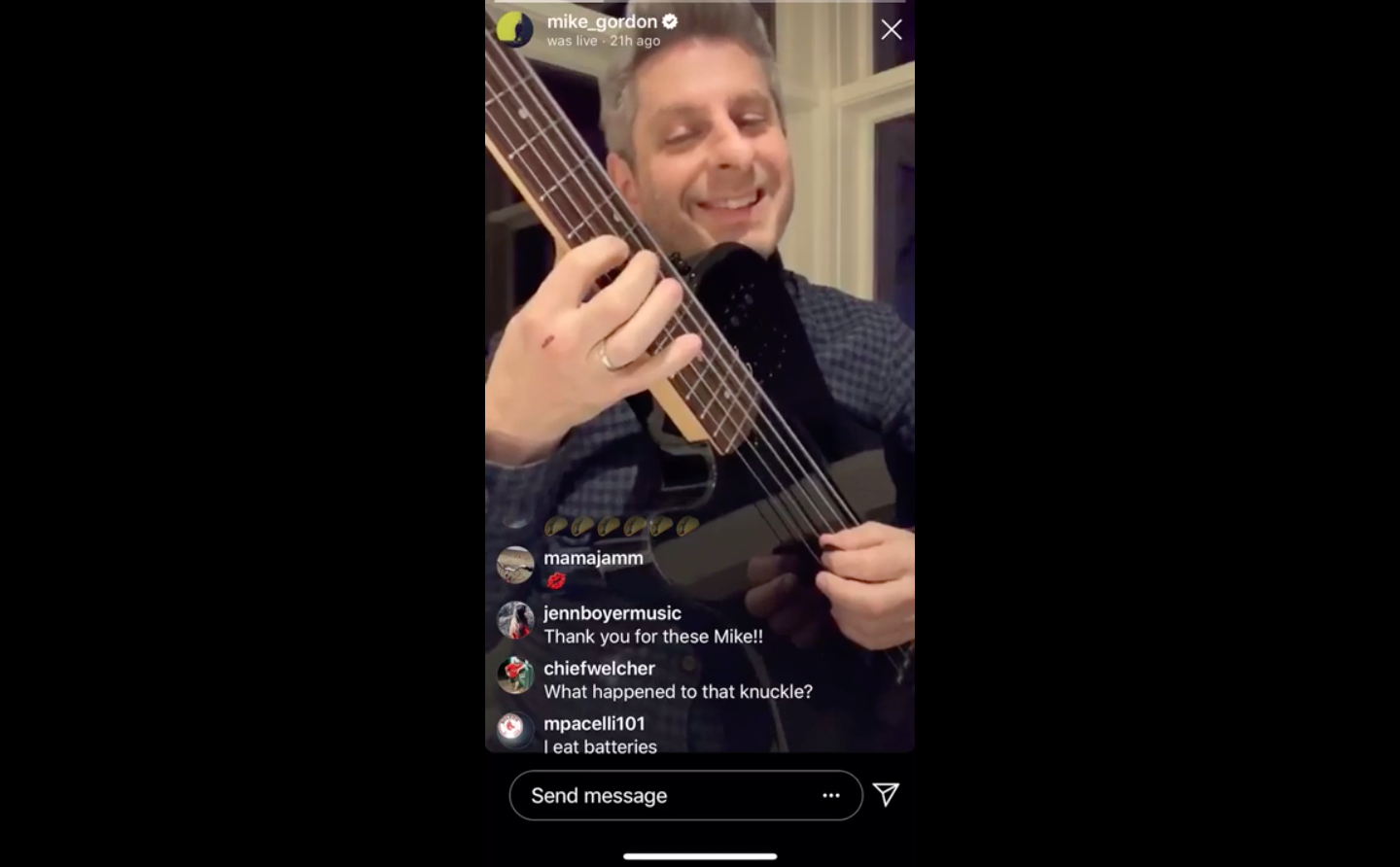 Mike Gordon giving Instagram Live Bass Lessons early on in the quarantine on March 26, 2020.