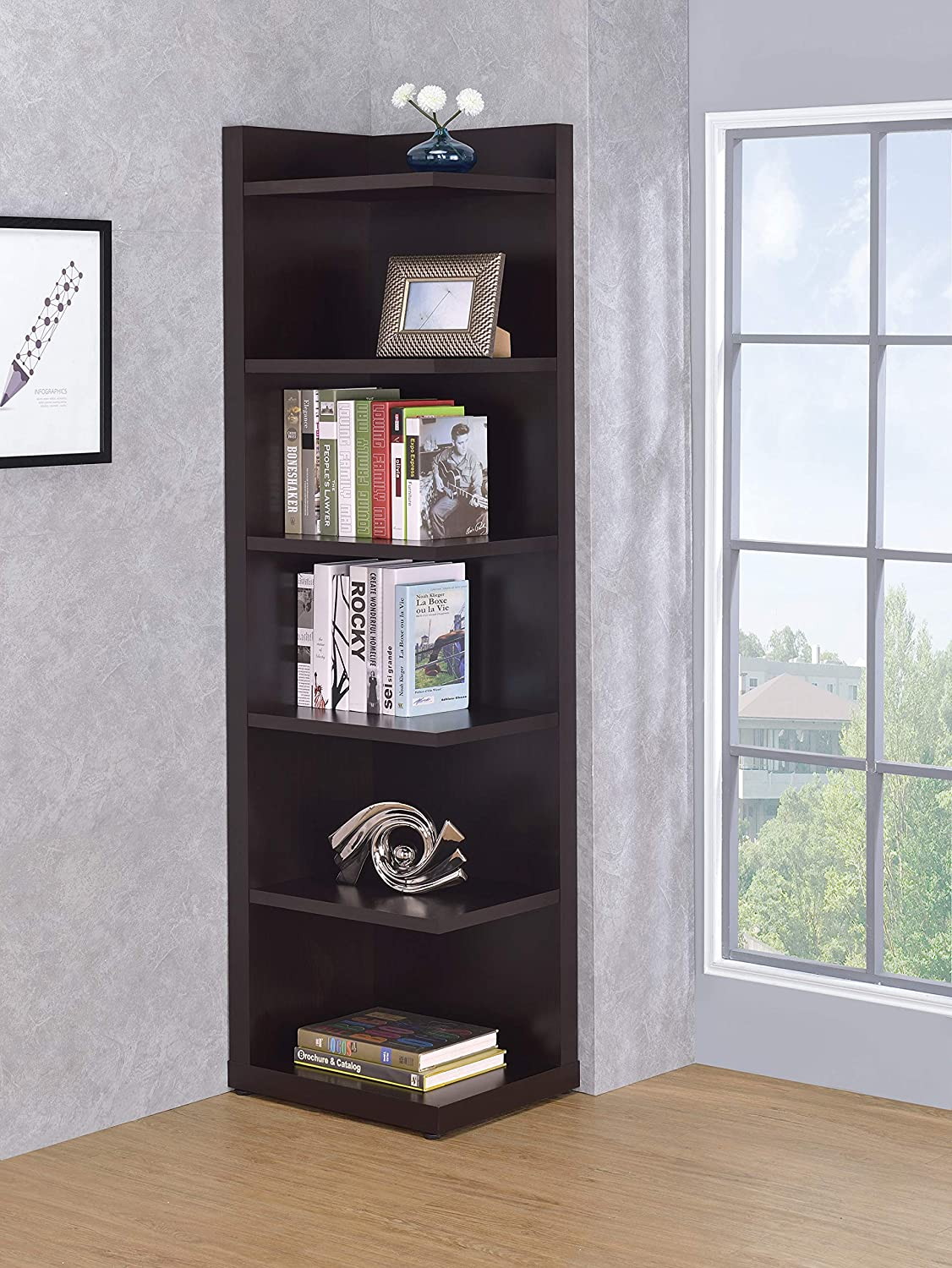 Coaster Home Furnishings Corner Bookshelf is an excellent corner bookshelf that features all above traits. With this outstanding bookcase, you can now proudly show your book collections.
