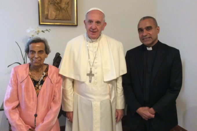 Pope Francis meets with Sarah and Msgr. Anthony Figueiredo at the Santa Marta guesthouse in the Vatican, June 3, 2016. Photo courtesy of Msgr. Figueiredo.