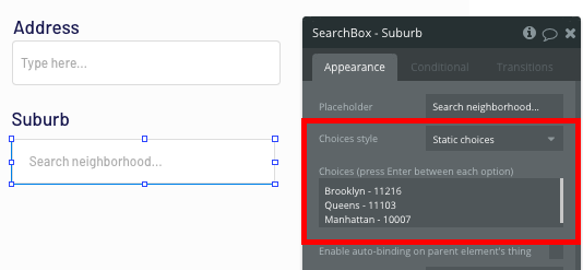 Configuring a Bubble no-code search box to display static choices