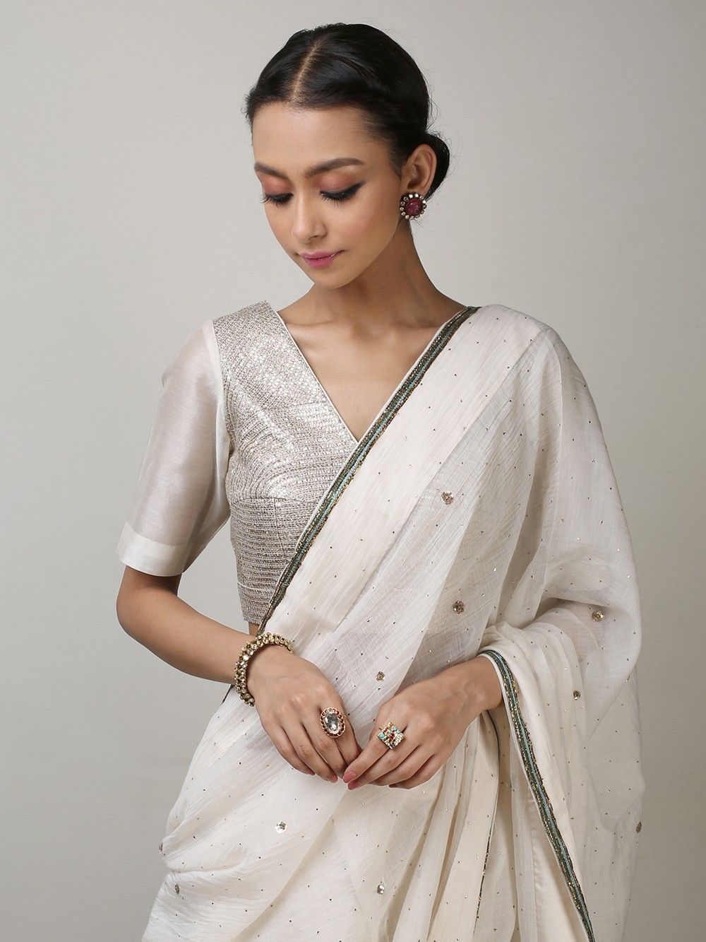 the loom - White Aari Zardozi Chanderi Saree