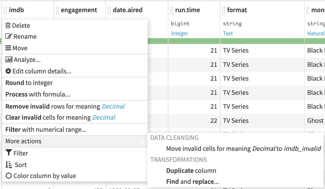 prepare recipe column name