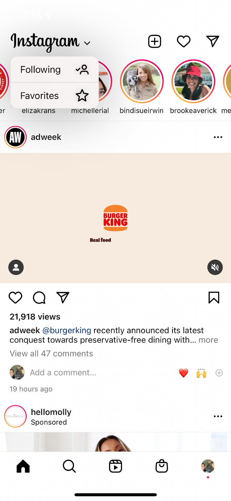 Image of Instagram interface depicting the location of the two additional feed options. 