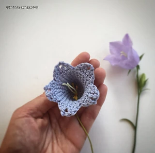 hand holding a crochet bluebell flower with real flower in background