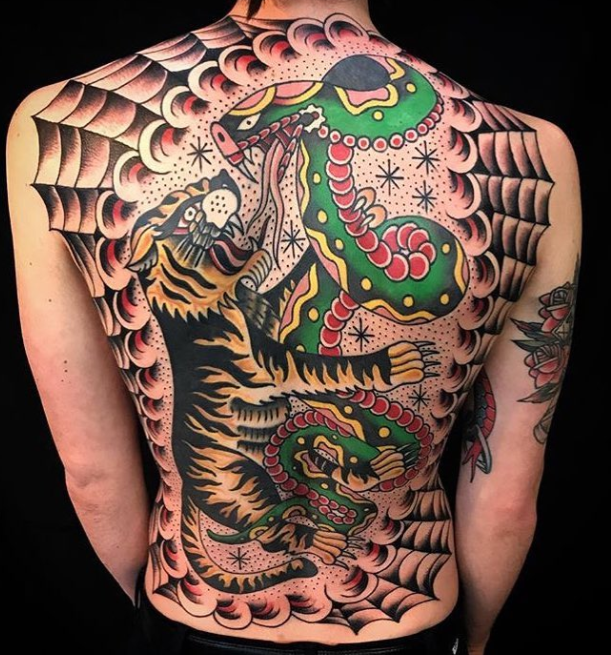 Tiger And Snake Tattoo On Full Back