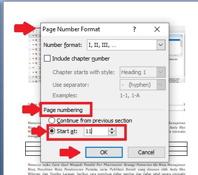 Pada bagian “Page Numbering” cari opsi “Start at” dan isi kolom dengan angka lanjutan yang diinginkan.