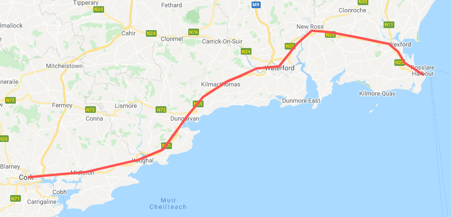 a quick sketch of a Cork to Rosslare rail route, stopping at Waterford and Wexford