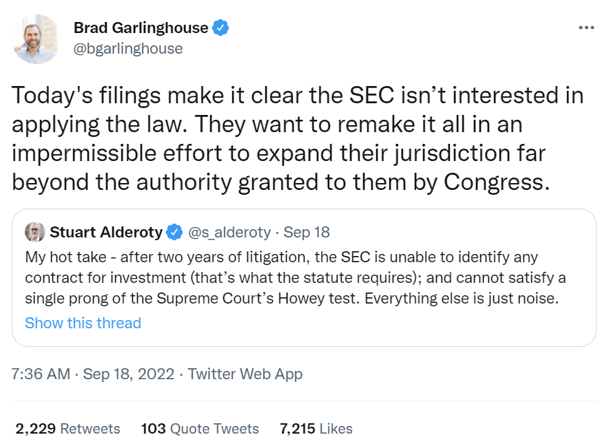 Tweet from Ripple’s CEO, Brad Garlinghouse highlighting SEC’s failure to prove XRP is a security.
